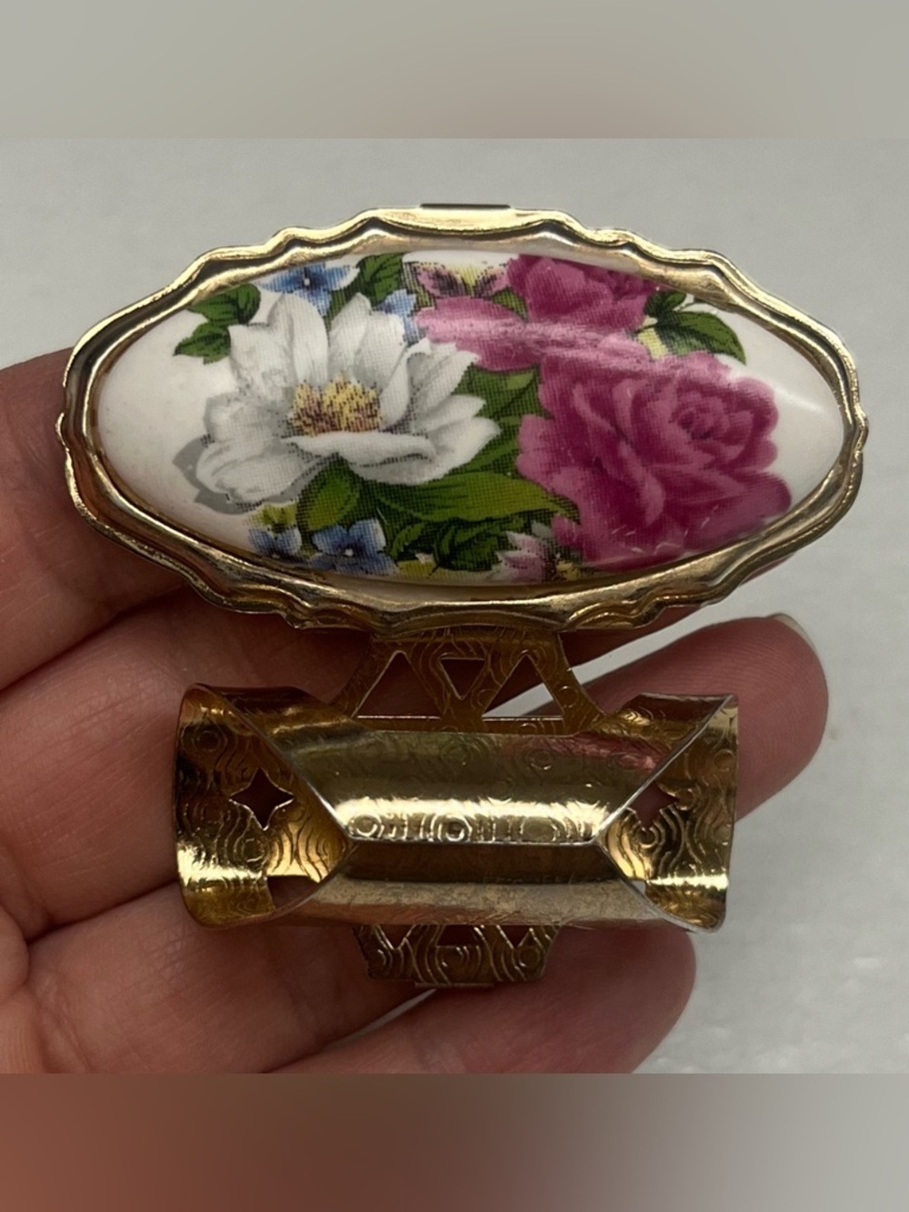 Vintage Floral Porcelain Lipstick Ring with Flip-Up Mirror,  2”
